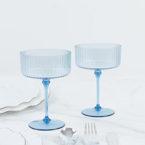 24-Pack Premium Disposable Cocktail Glasses – 10oz Dusty Blue Ribbed Plastic Coupe Champagne Cups with Detachable Stem & Base – Party & Event